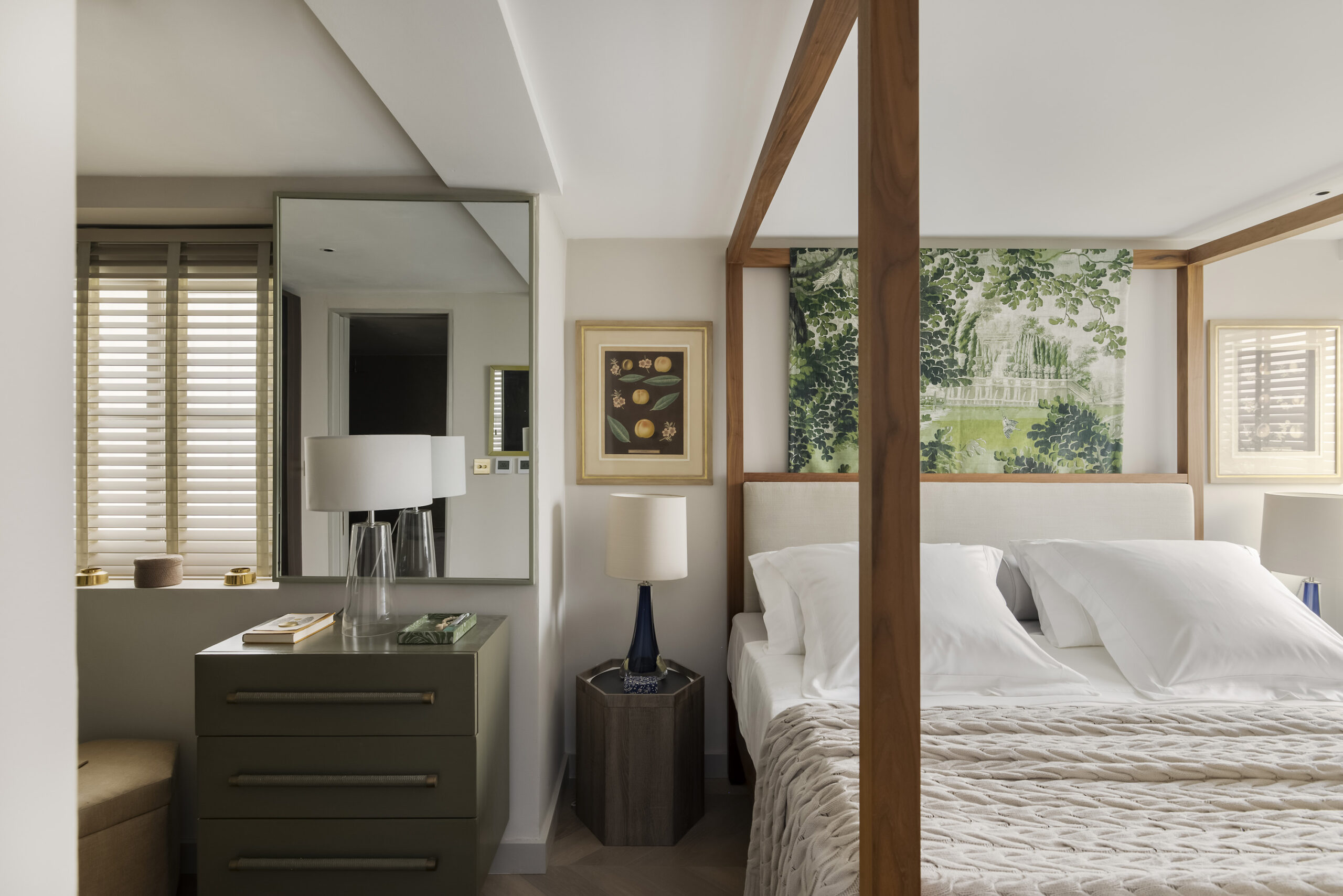 Calming principal bedroom suite of a luxury two bedroom apartment for sale in Kensington