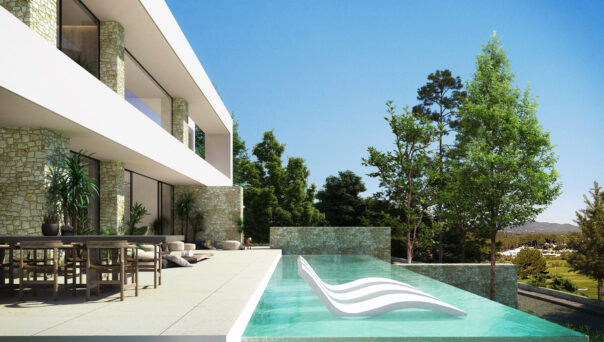 Sunbeds appear to float on the surface of a pool in a render of a luxury villa in Ibiza