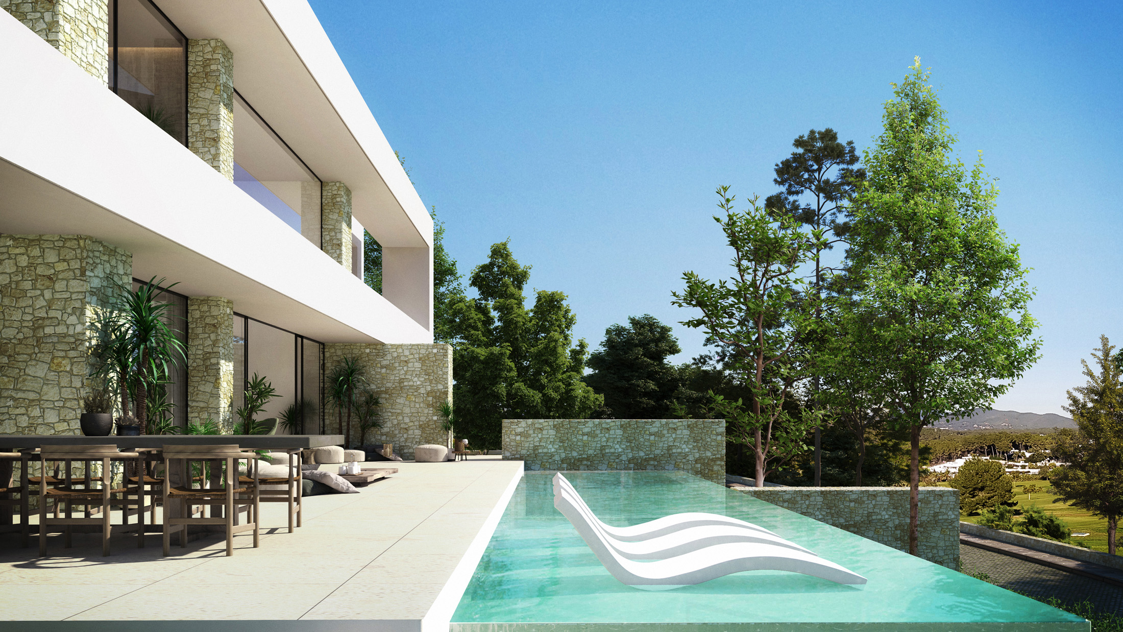 Sunbeds appear to float on the surface of a pool in a render of a luxury villa in Ibiza