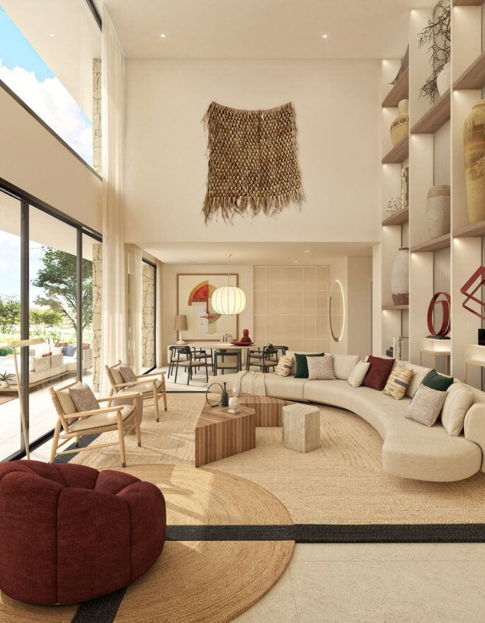 Render of a living room in a luxury villa to buy in Ibiza