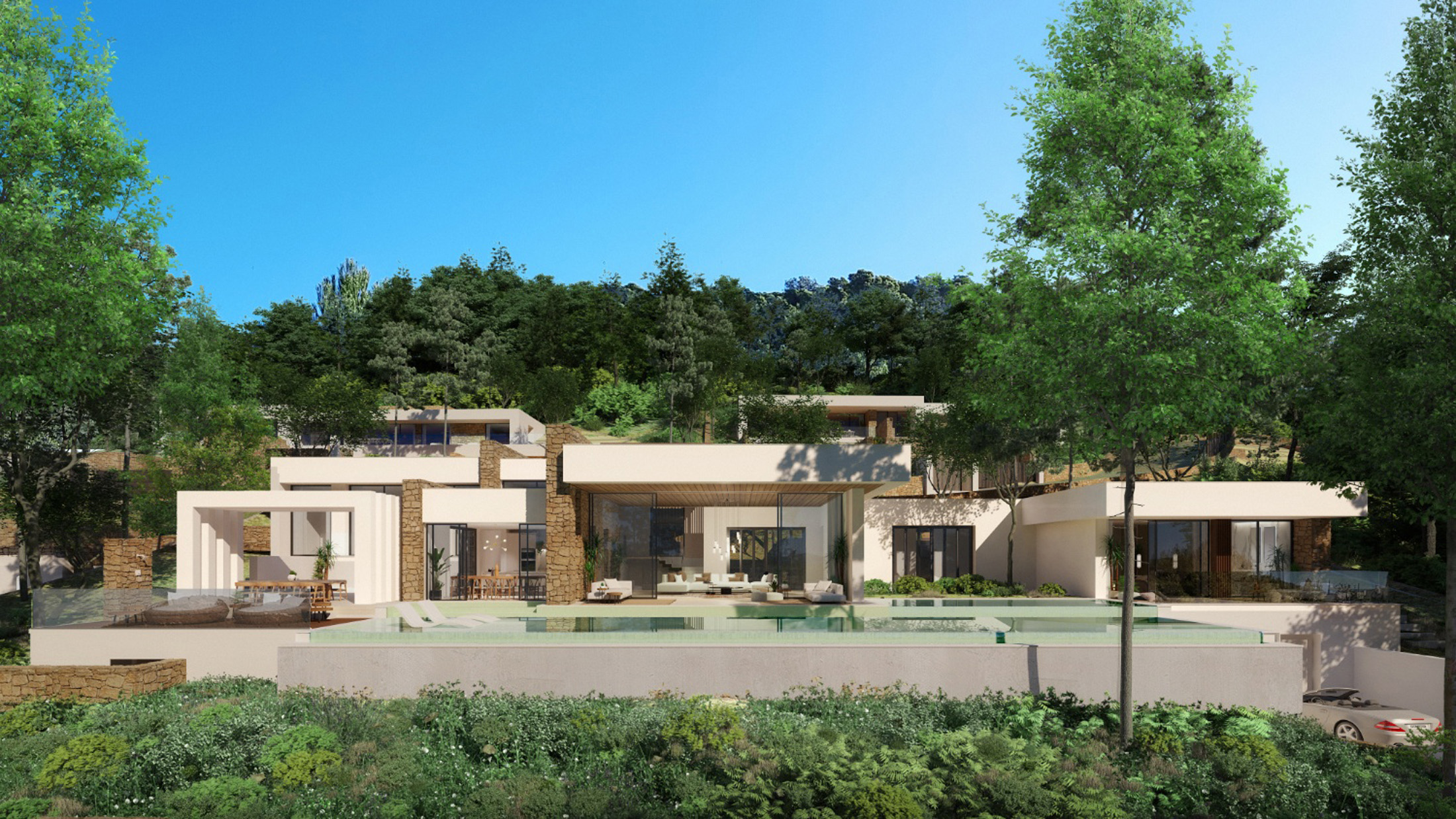 Render showing the rear elevation of a luxury villa for sale in Ibiza