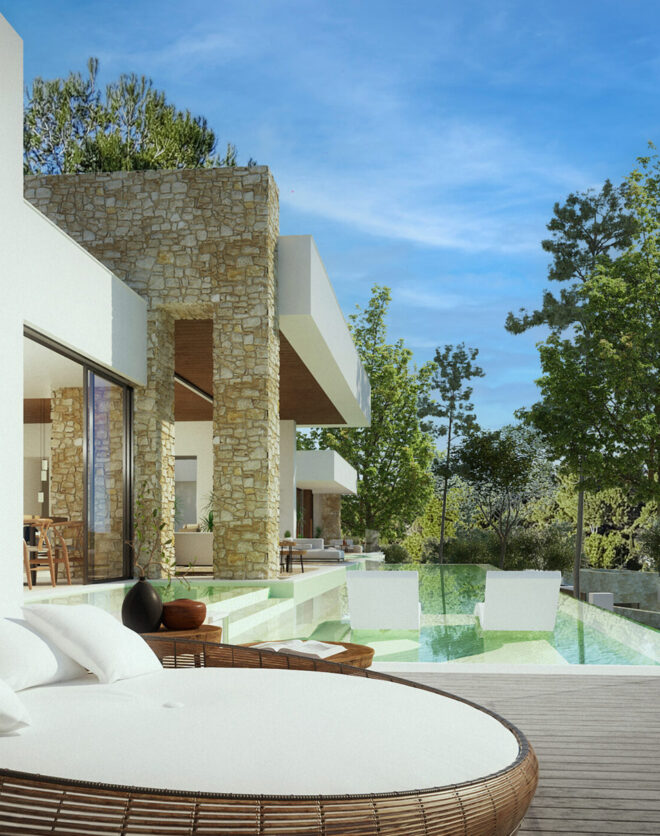 Render showing the terrace of a luxury Ibizan villa