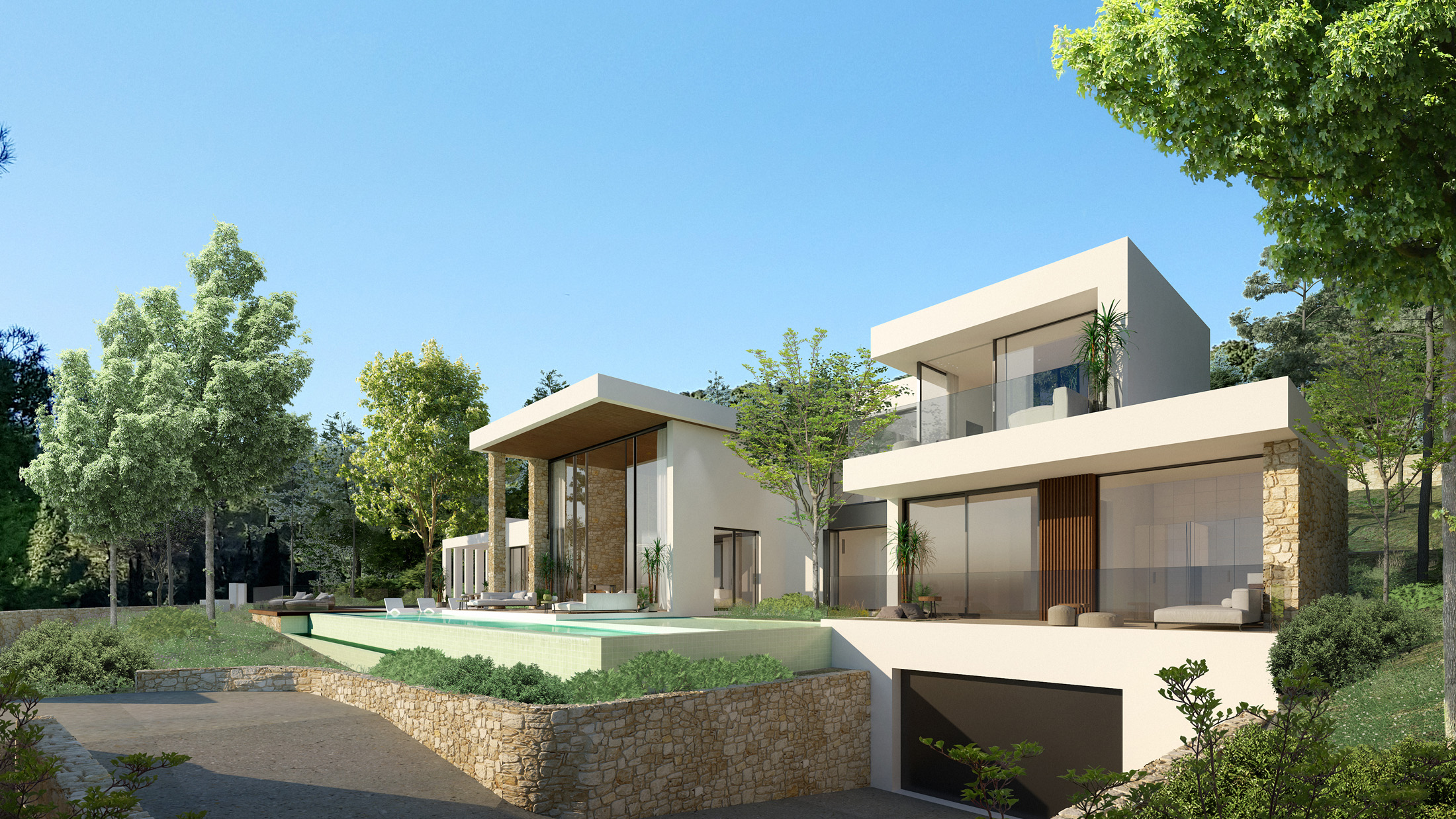 Render showing the pool of a luxury Ibizan villa