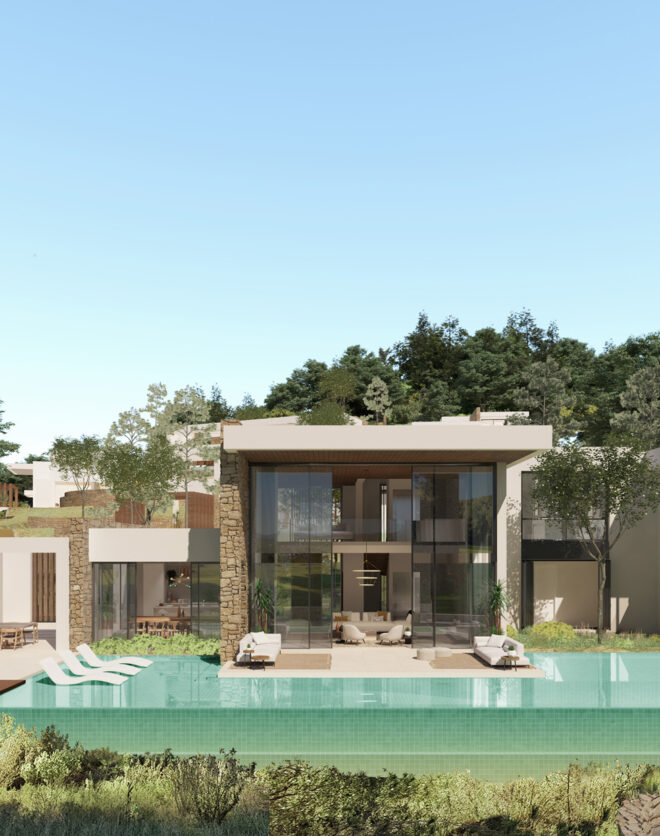 Render showing the rear elevation of a luxury villa for sale in Ibiza