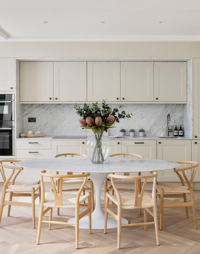 For Sale: Vicarage Gate Kensington W8 contemporary kitchen and dining room with pale parquet floors