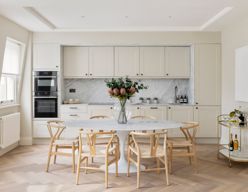 For Sale: Vicarage Gate Kensington W8 contemporary kitchen and dining room with pale parquet floors