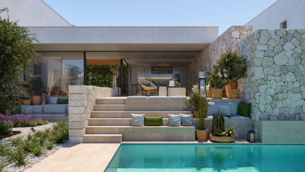 Pool view of luxury new build W2 Cala Comte by Domus Nova Ibiza