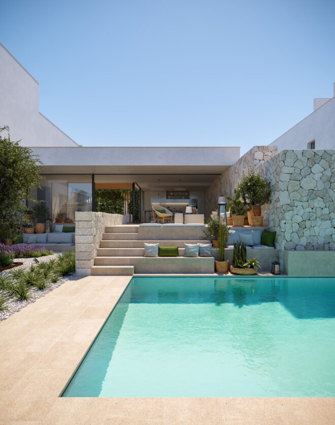Vista de la piscina de la nueva construcción de lujo vW2 Cala Comte por Domus Nova Ibiza