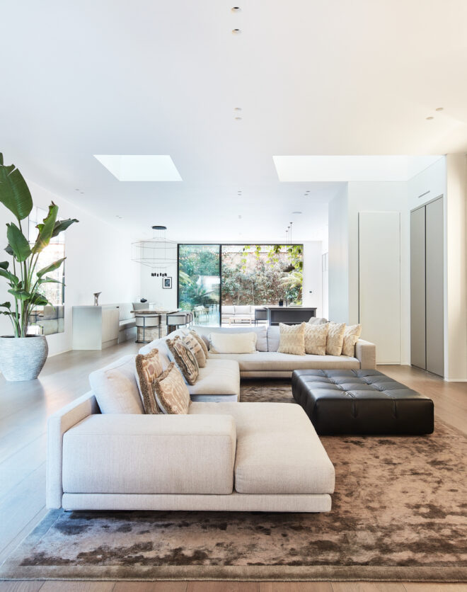 Luxury home for rent in London, Notting Hill W2 - contemporary reception room with modern furniture and skylights