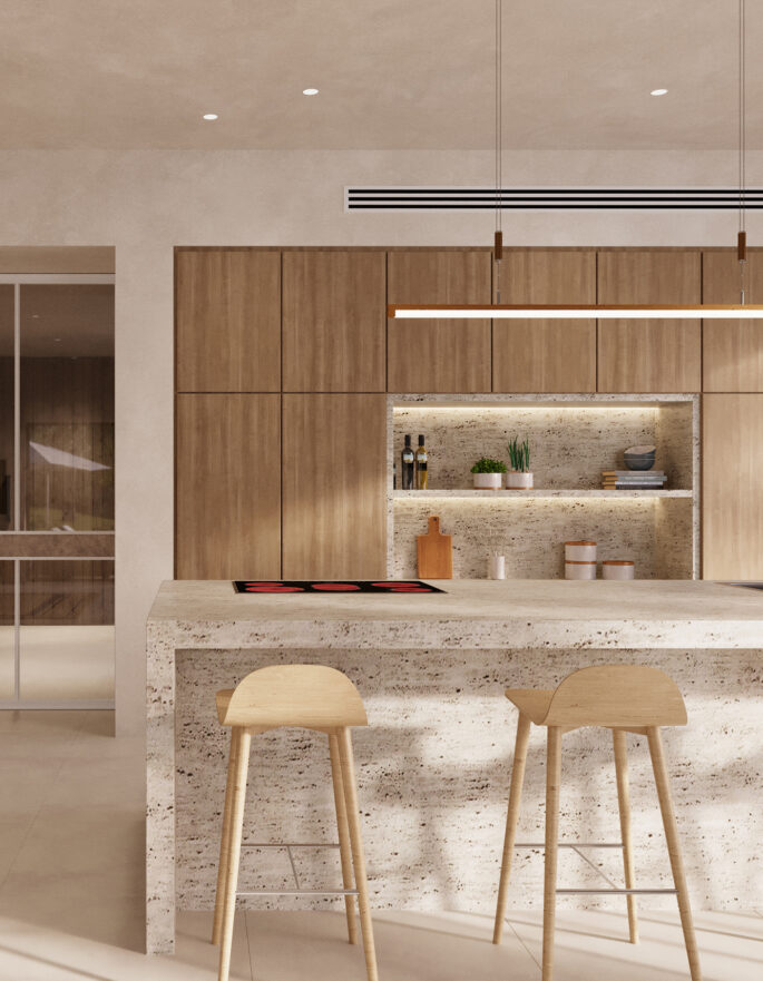 Render showing the breakfast bar and kitchen of a luxury villa in Ibiza