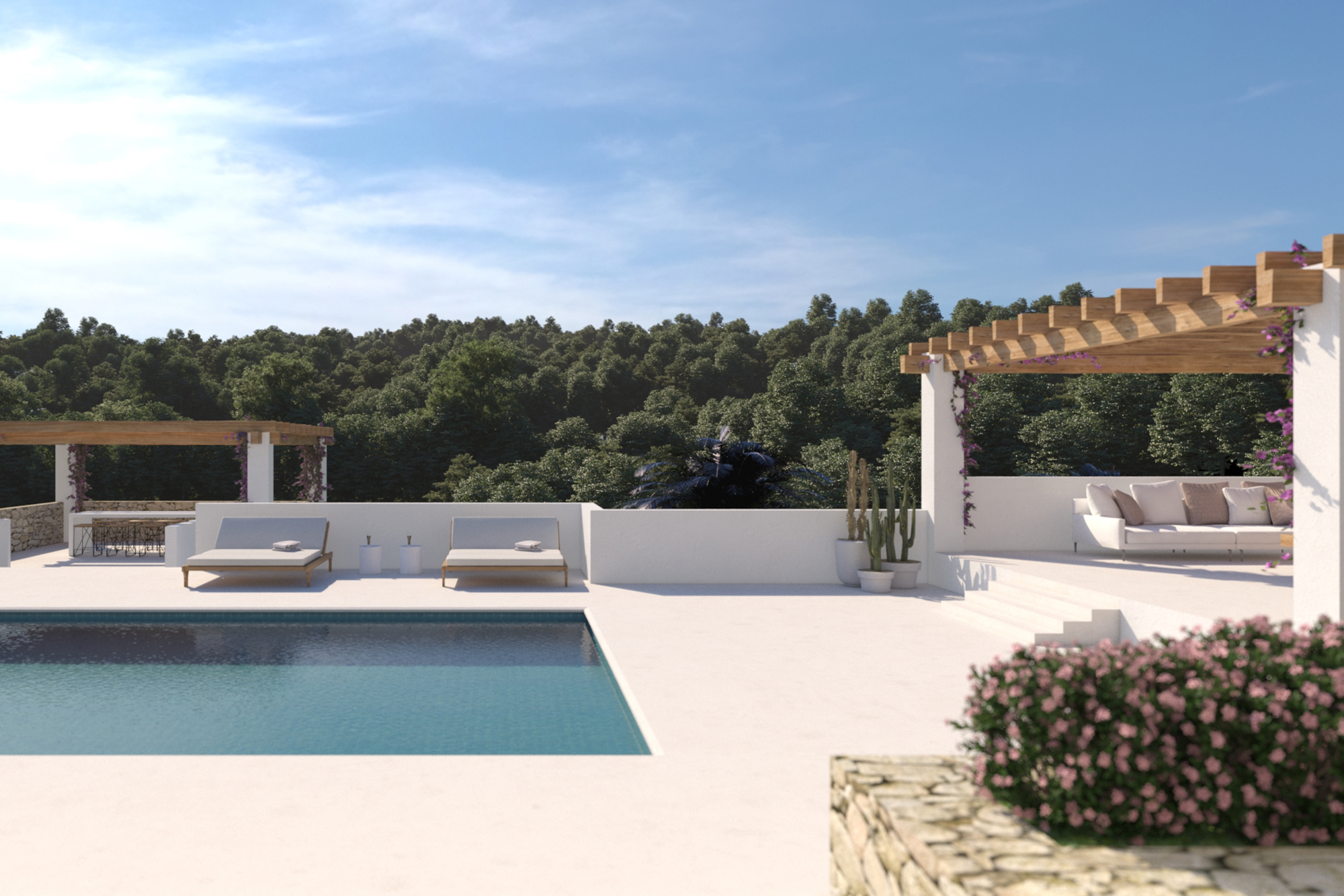 Swimming pool and pergola in Ibiza at Vista Verde - a luxury villa to buy in Santa Gertrudis